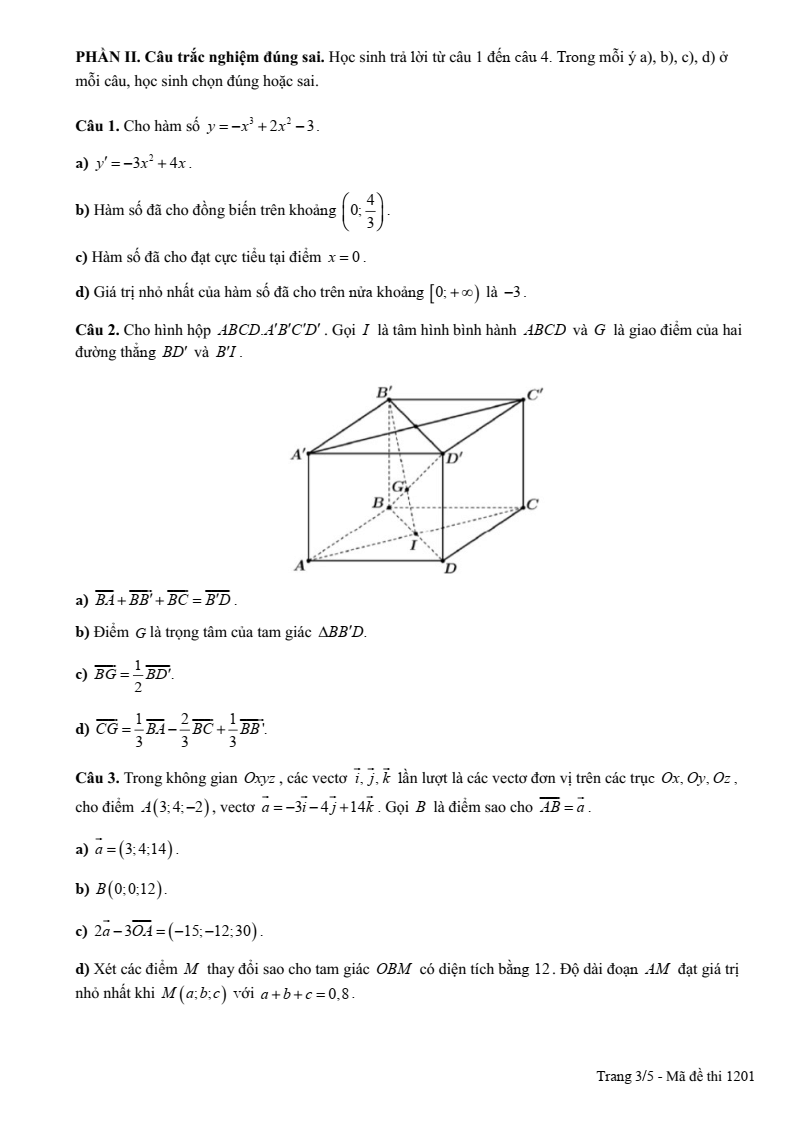 Đề thi Học kì 1 Toán 12 trường chuyên Nguyễn Tất Thành (Quảng Ngãi) năm 2025-2026