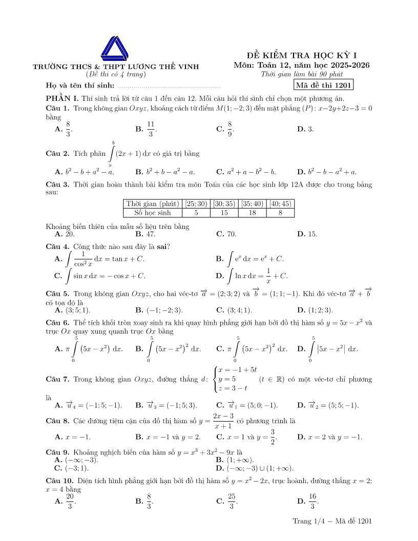 Đề thi Học kì 1 Toán 12 trường Lương Thế Vinh (Hà Nội) năm 2025-2026