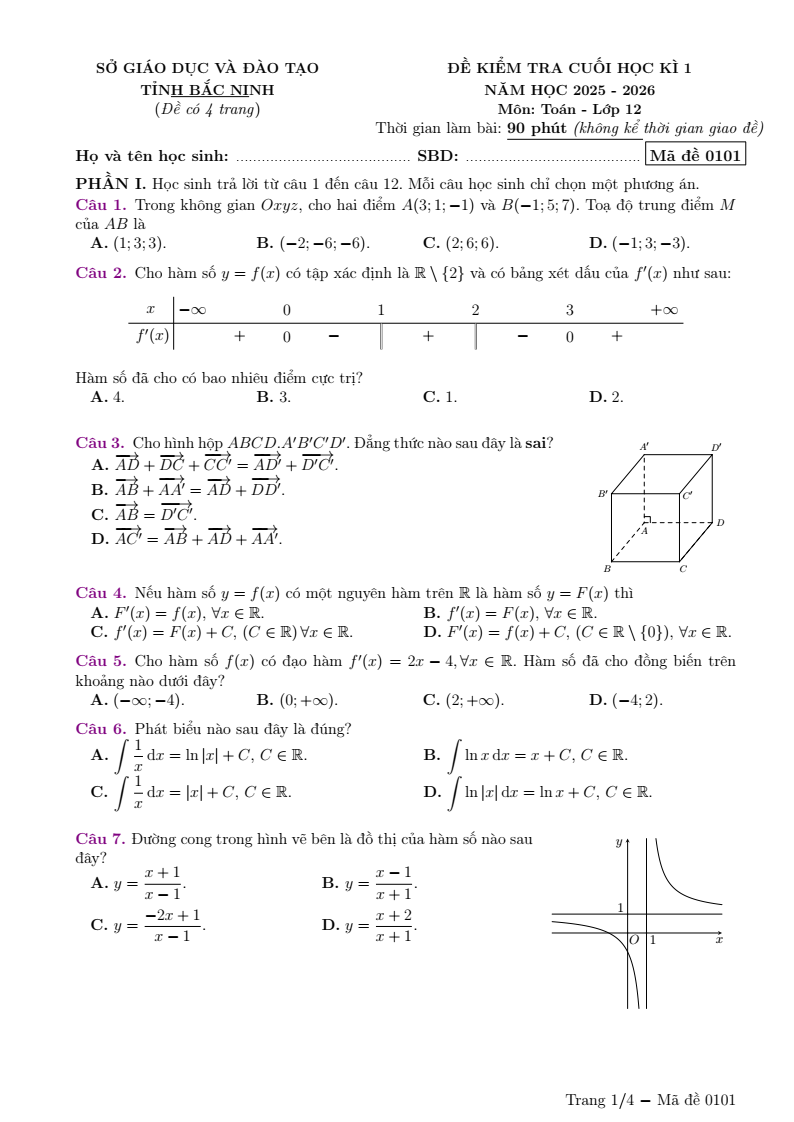 Đề thi Học kì 1 Toán 12 sở GD&ĐT Bắc Ninh năm 2025-2026