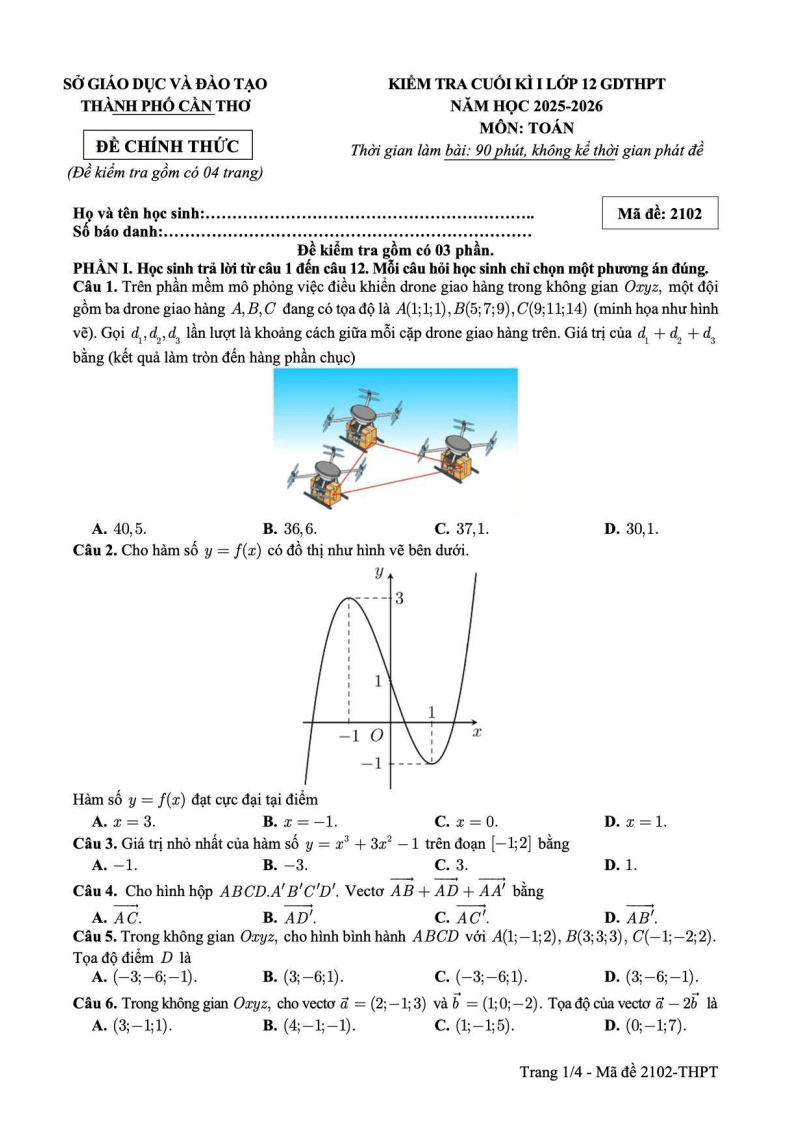 Đề thi Học kì 1 Toán 12 sở GD&ĐT Cần Thơ (tentinh) năm 2025-2026