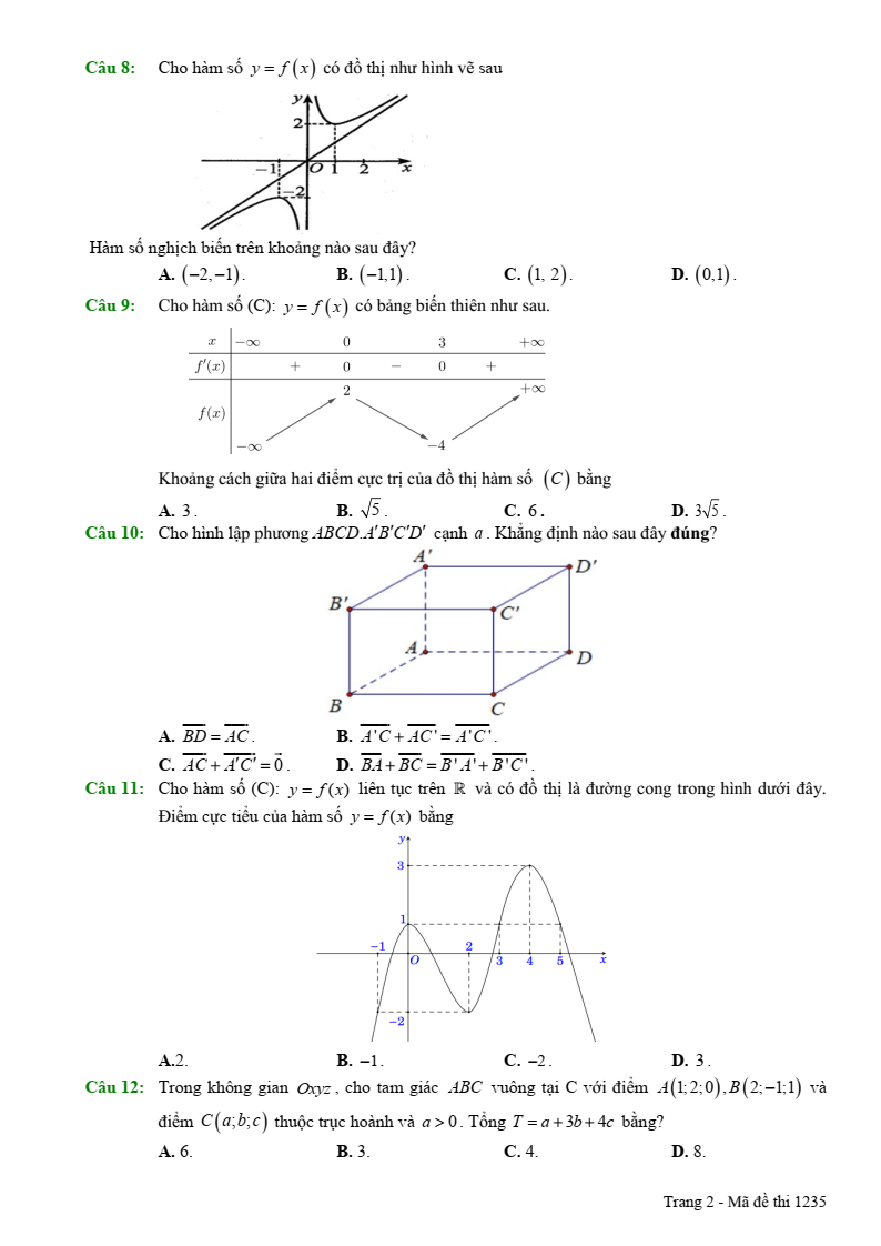 Đề thi Học kì 1 Toán 12 trường THCS-THPT Bàu Hàm (Đồng Nai) năm 2025-2026