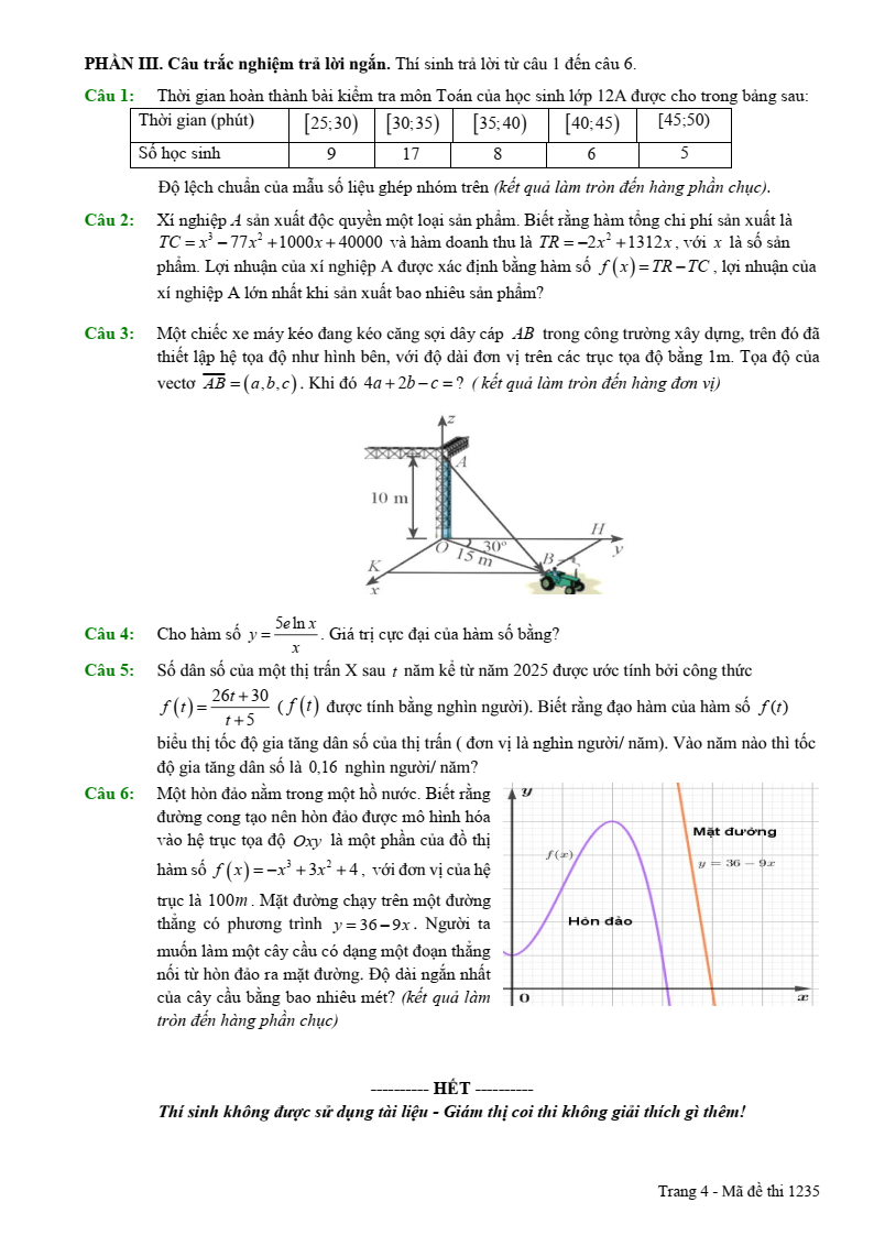 Đề thi Học kì 1 Toán 12 trường THCS-THPT Bàu Hàm (Đồng Nai) năm 2025-2026