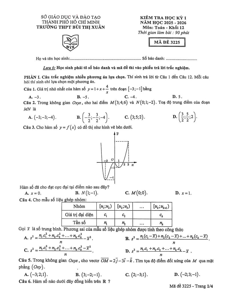 Đề thi Học kì 1 Toán 12 trường THPT Bùi Thị Xuân (Tp.HCM) năm 2025-2026