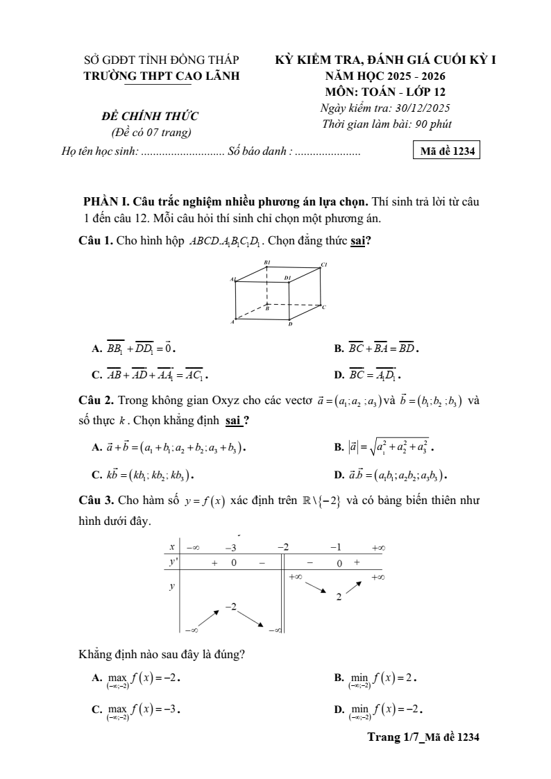 Đề thi Học kì 1 Toán 12 trường THPT Cao Lãnh (Đồng Tháp) năm 2025-2026