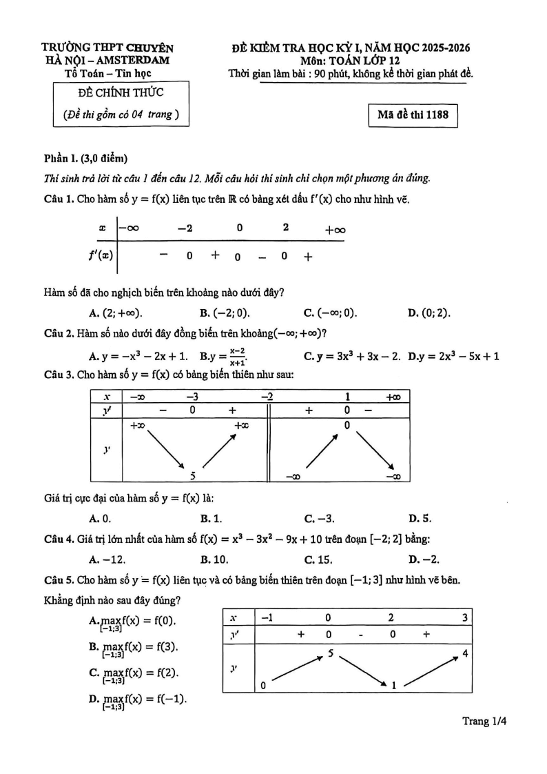 Đề thi Học kì 1 Toán 12 trường THPT chuyên Hà Nội – Amsterdam năm 2025-2026
