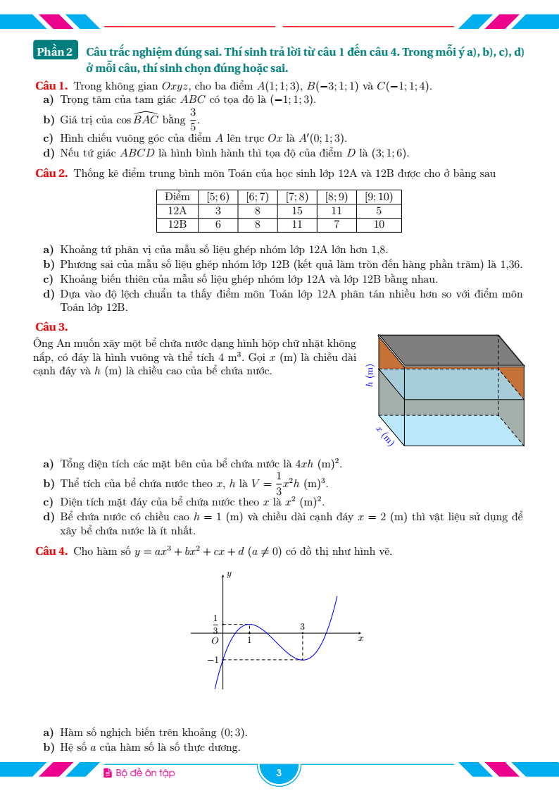 Đề thi Học kì 1 Toán 12 trường THPT Đại Ngãi (Cần Thơ) năm 2025-2026