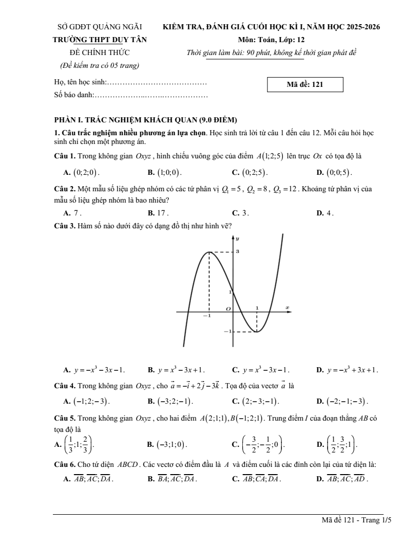 Đề thi Học kì 1 Toán 12 trường THPT Duy Tân (Quảng Ngãi) năm 2025-2026