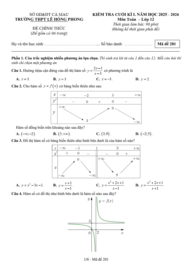Đề thi Học kì 1 Toán 12 trường THPT Lê Hồng Phong (Cà Mau) năm 2025-2026