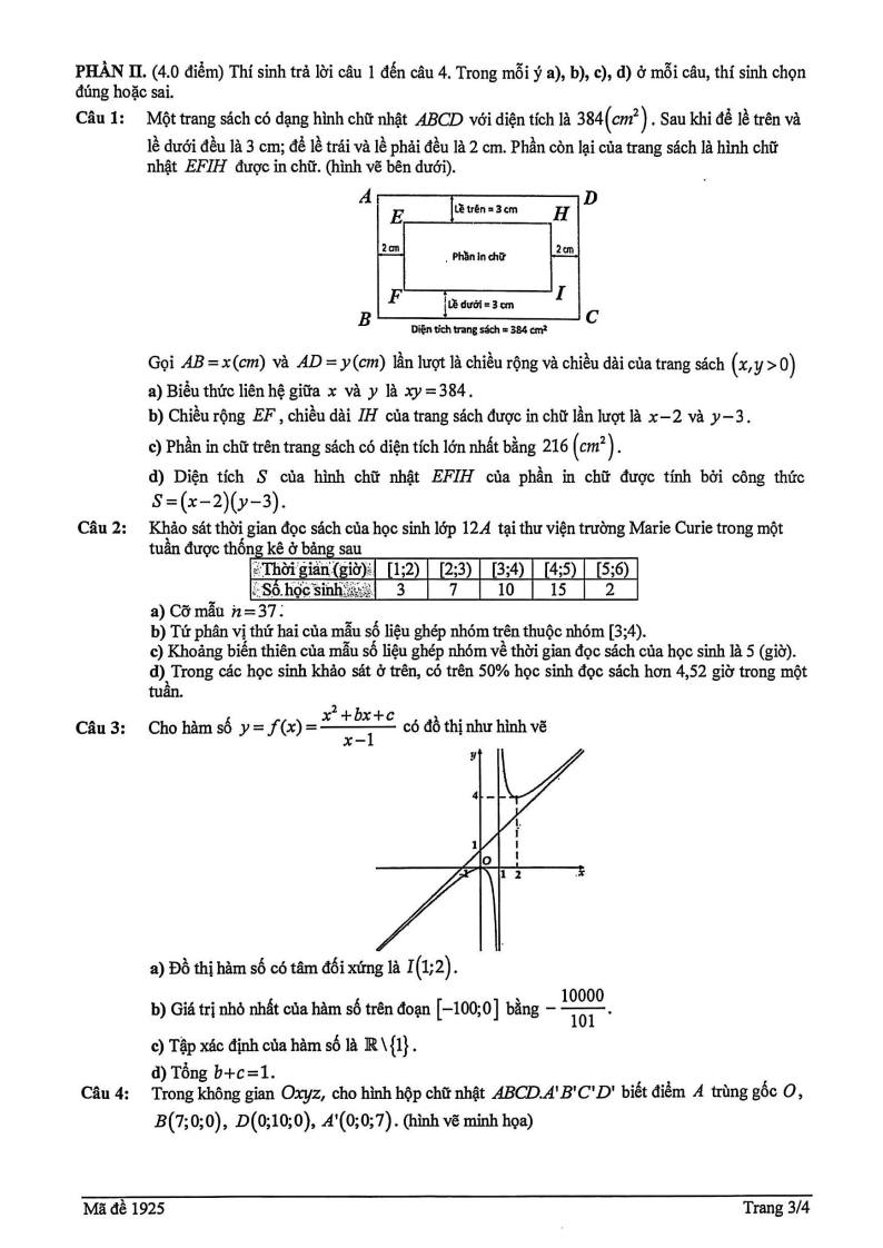 Đề thi Học kì 1 Toán 12 trường THPT Marie Curie (Tp.HCM) năm 2025-2026