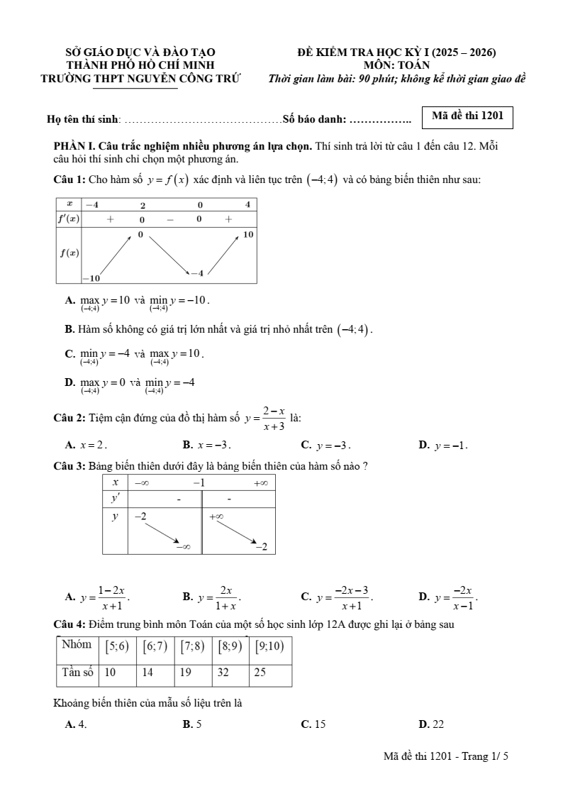 Đề thi Học kì 1 Toán 12 trường THPT Nguyễn Công Trứ (Tp.HCM) năm 2025-2026