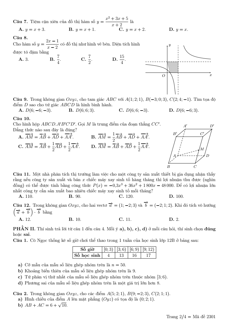 Đề thi Học kì 1 Toán 12 trường THPT Nguyễn Thị Minh Khai (Hà Nội) năm 2025-2026