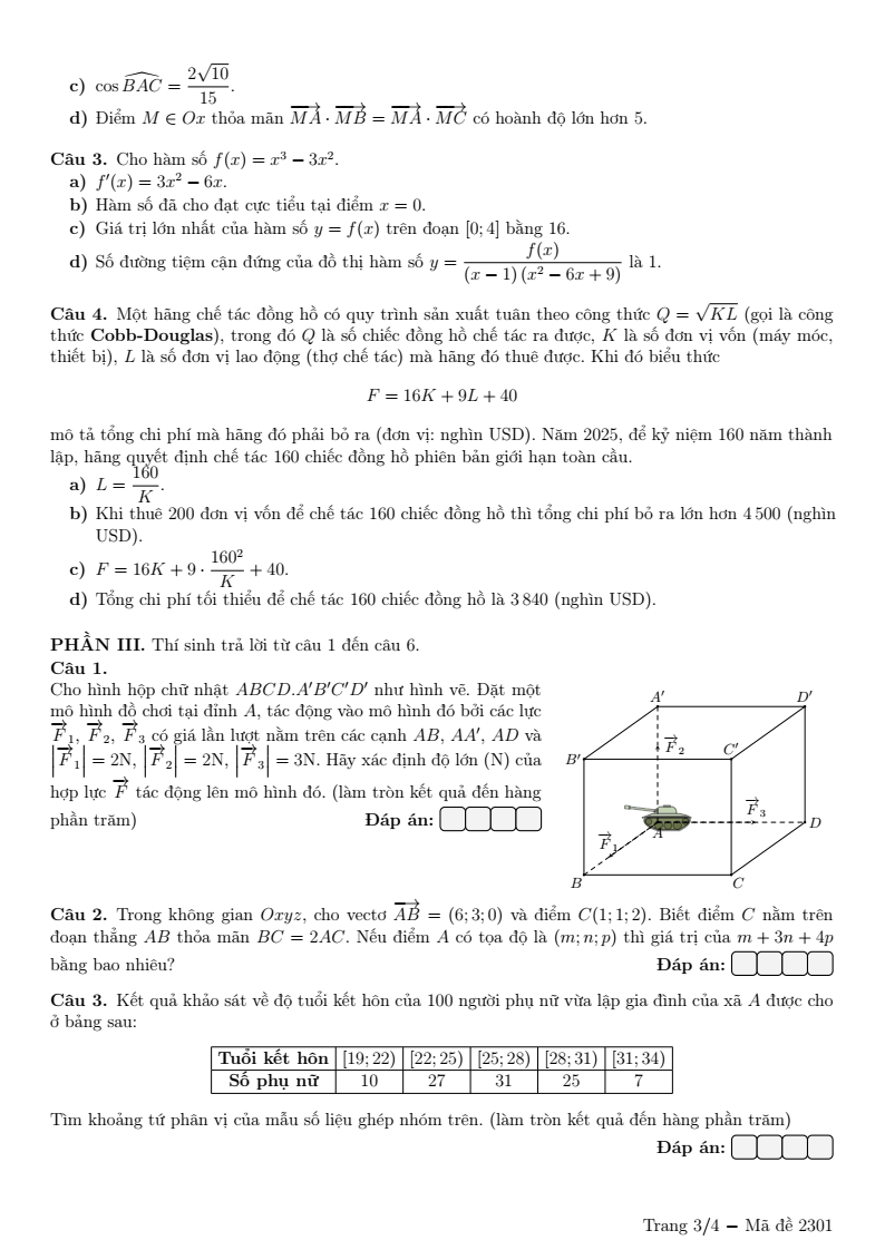 Đề thi Học kì 1 Toán 12 trường THPT Nguyễn Thị Minh Khai (Hà Nội) năm 2025-2026