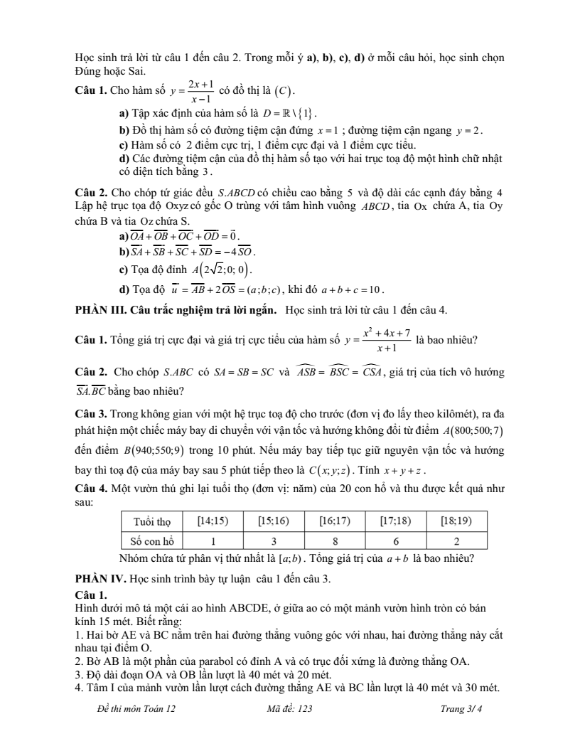 Đề thi Học kì 1 Toán 12 trường THPT Phùng Khắc Khoan (Hà Nội) năm 2025-2026