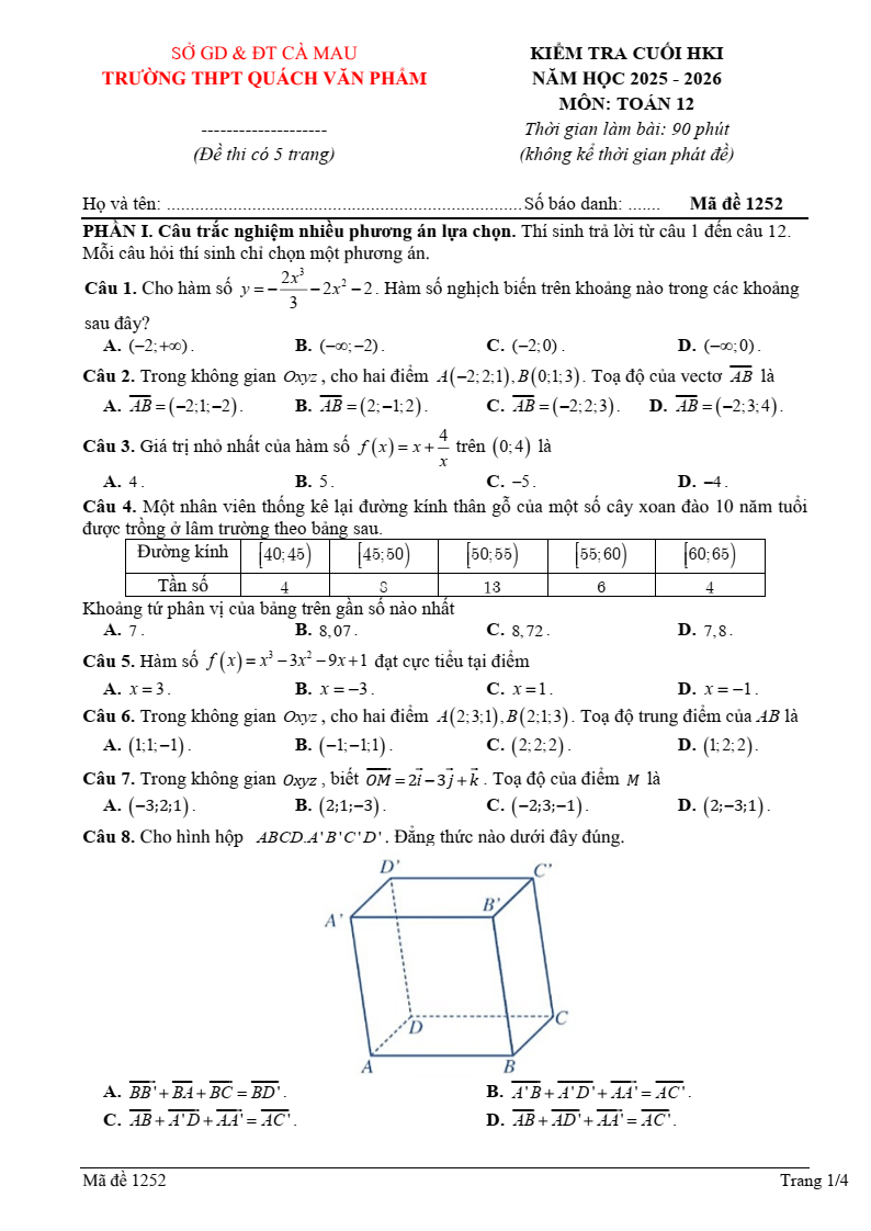 Đề thi Học kì 1 Toán 12 trường THPT Quách Văn Phẩm (Cà Mau) năm 2025-2026