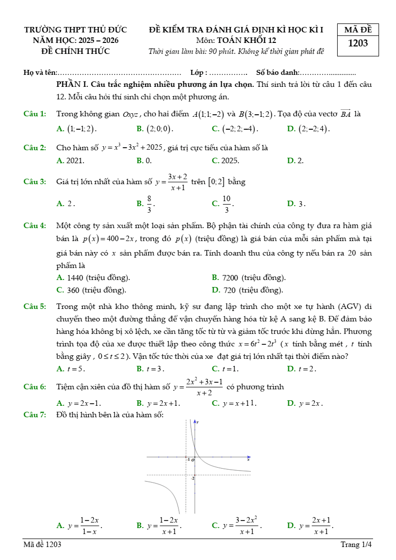Đề thi Học kì 1 Toán 12 trường THPT Thủ Đức (Tp.HCM) năm 2025-2026