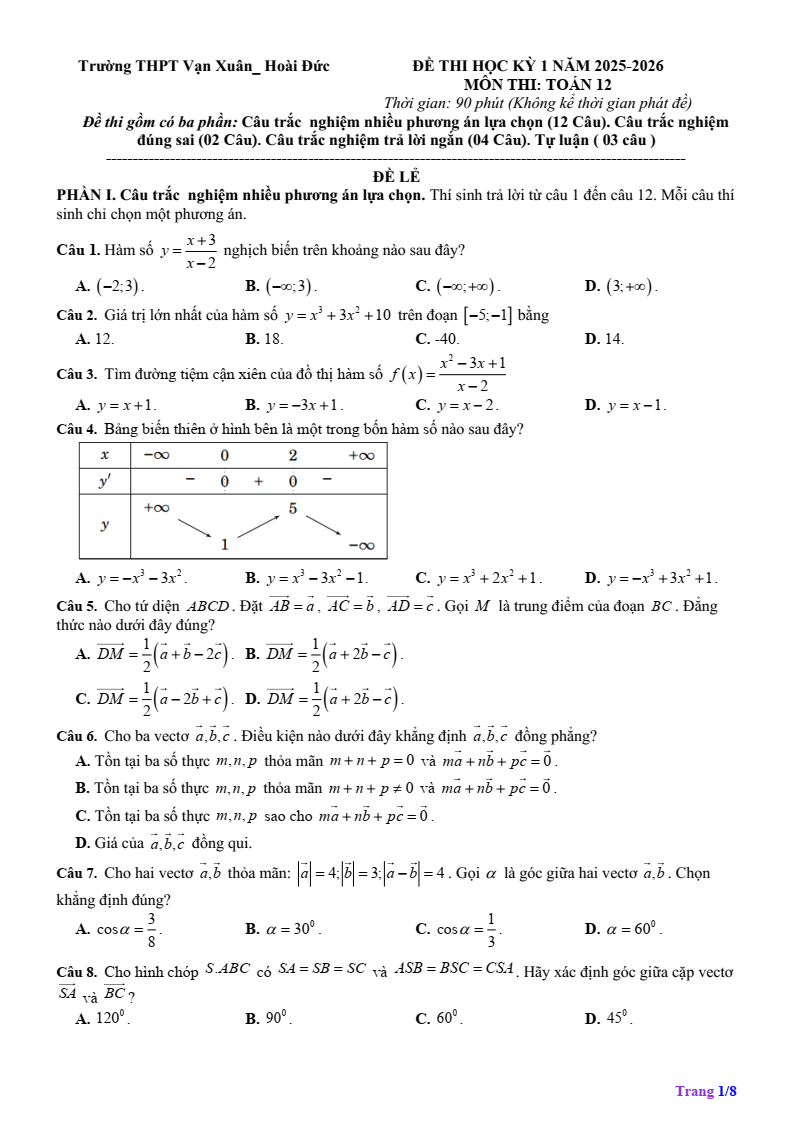 Đề thi Học kì 1 Toán 12 trường THPT Vạn Xuân (Hà Nội) năm 2025-2026