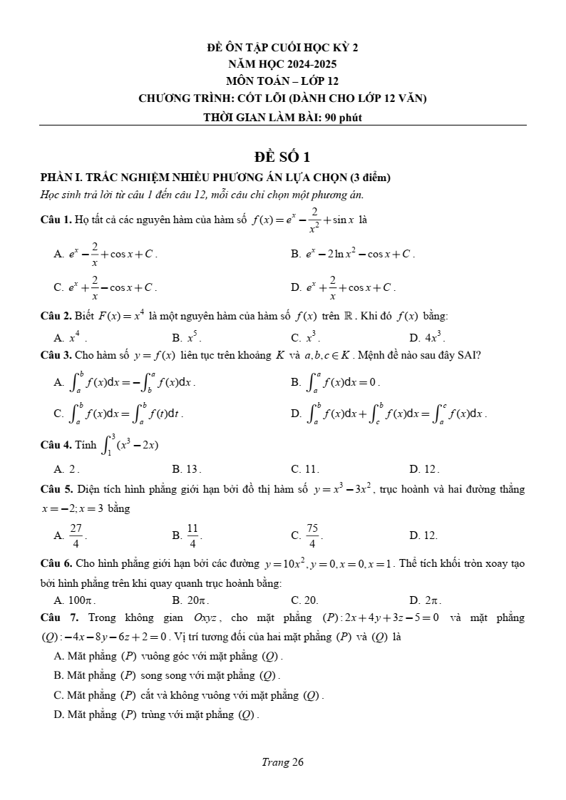 Đề thi Học kì 2 Toán 12 trường chuyên Lương Văn Chánh (Phú Yên) năm 2024-2025