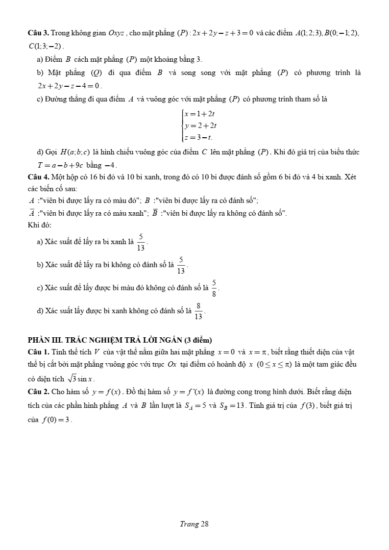 Đề thi Học kì 2 Toán 12 trường chuyên Lương Văn Chánh (Phú Yên) năm 2024-2025