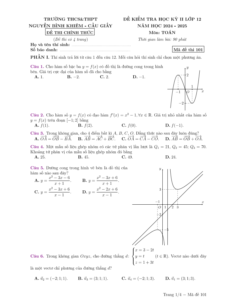 Đề thi Học kì 2 Toán 12 trường Nguyễn Bỉnh Khiêm (Hà Nội) năm 2024-2025