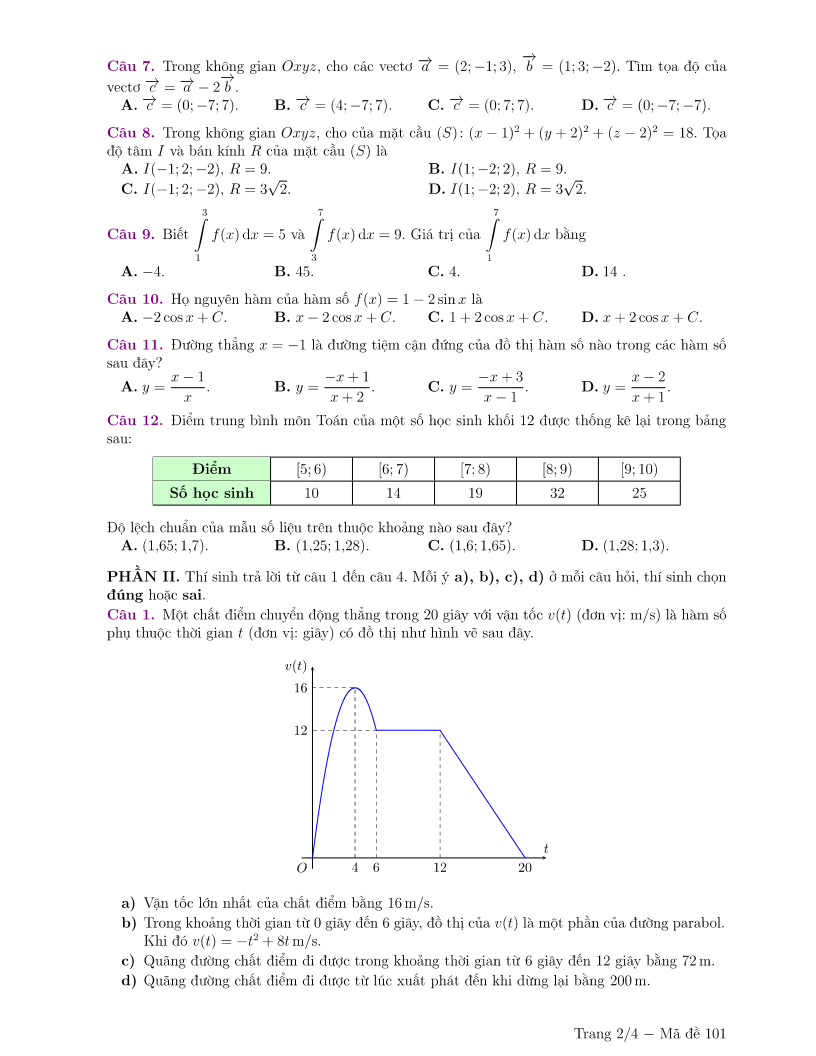 Đề thi Học kì 2 Toán 12 trường Nguyễn Bỉnh Khiêm (Hà Nội) năm 2024-2025