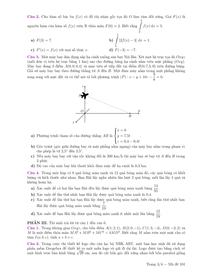 Đề thi Học kì 2 Toán 12 trường Nguyễn Bỉnh Khiêm (Hà Nội) năm 2024-2025