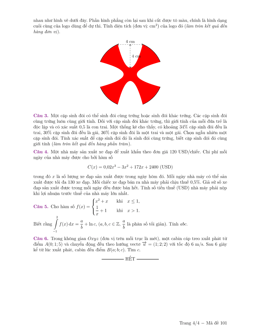 Đề thi Học kì 2 Toán 12 trường Nguyễn Bỉnh Khiêm (Hà Nội) năm 2024-2025