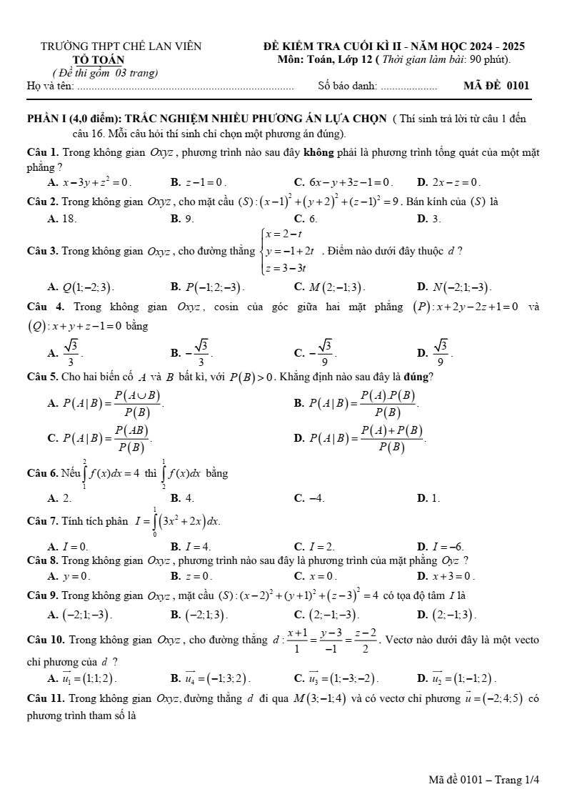 Đề thi Học kì 2 Toán 12 trường THPT Chế Lan Viên (Quảng Trị) năm 2024-2025