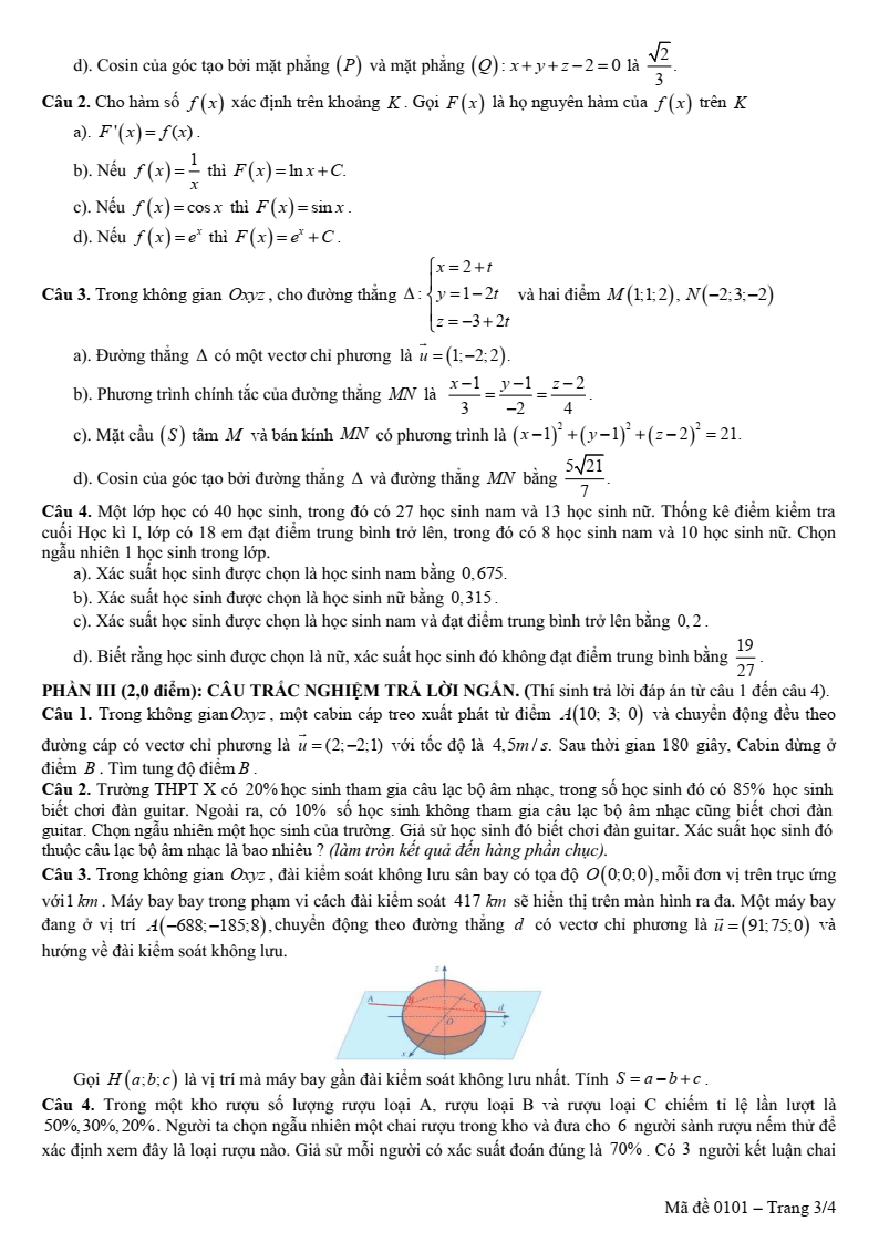 Đề thi Học kì 2 Toán 12 trường THPT Chế Lan Viên (Quảng Trị) năm 2024-2025