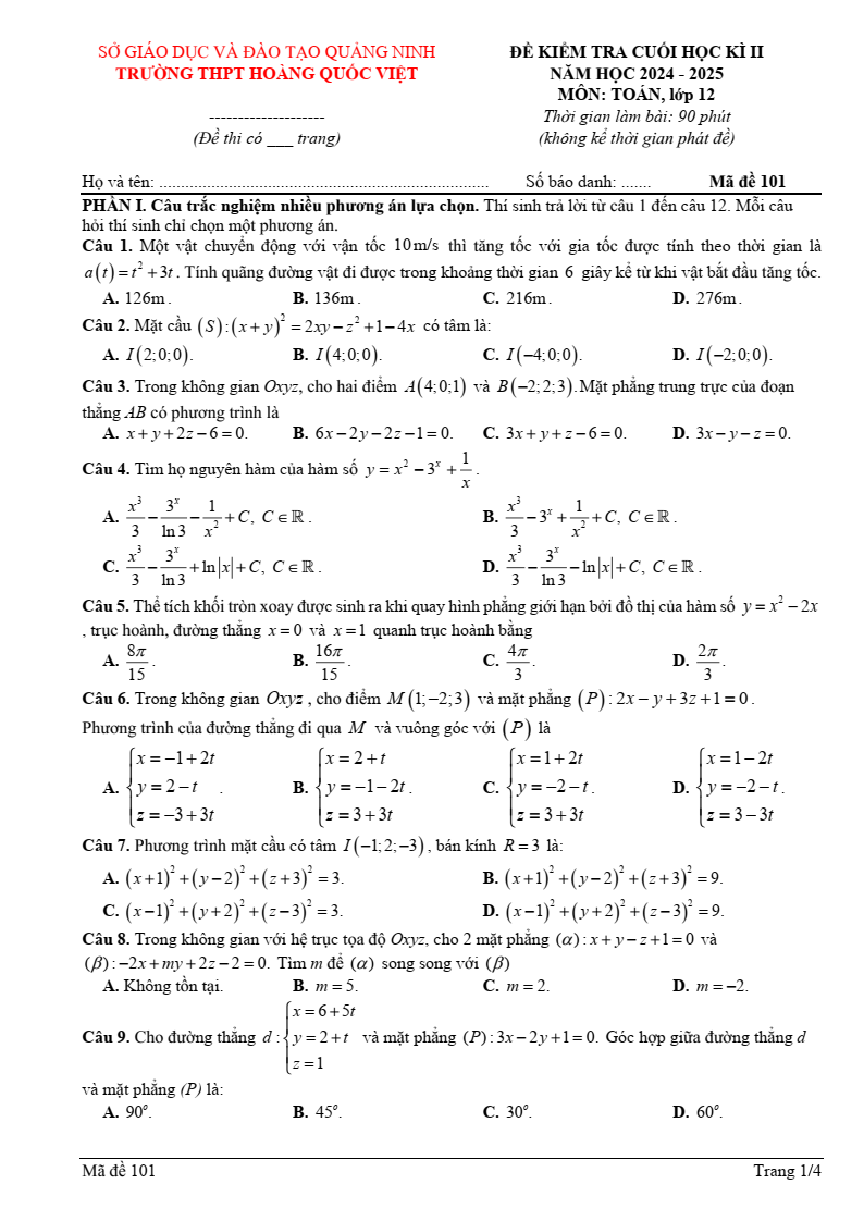 Đề thi Học kì 2 Toán 12 trường THPT Hoàng Quốc Việt (Quảng Ninh) năm 2024-2025