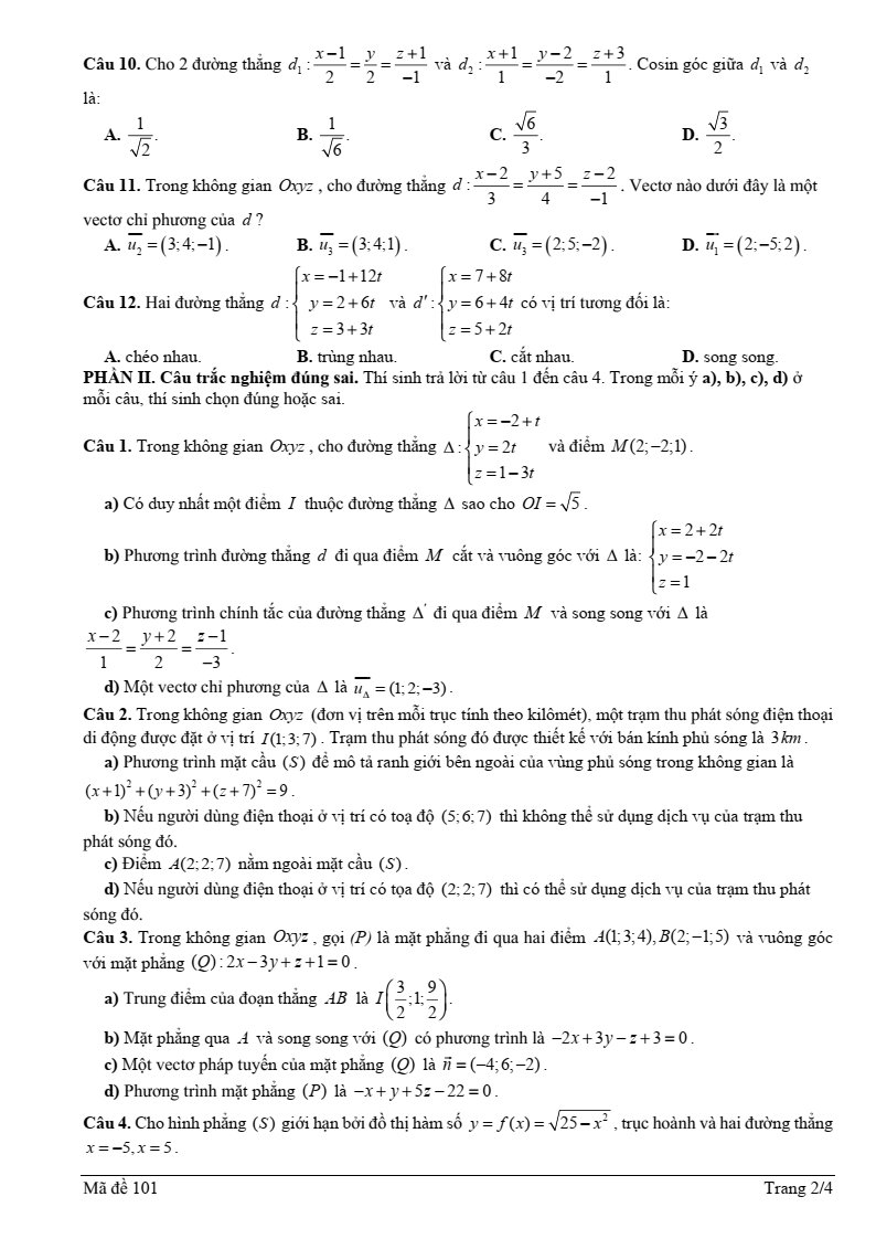 Đề thi Học kì 2 Toán 12 trường THPT Hoàng Quốc Việt (Quảng Ninh) năm 2024-2025