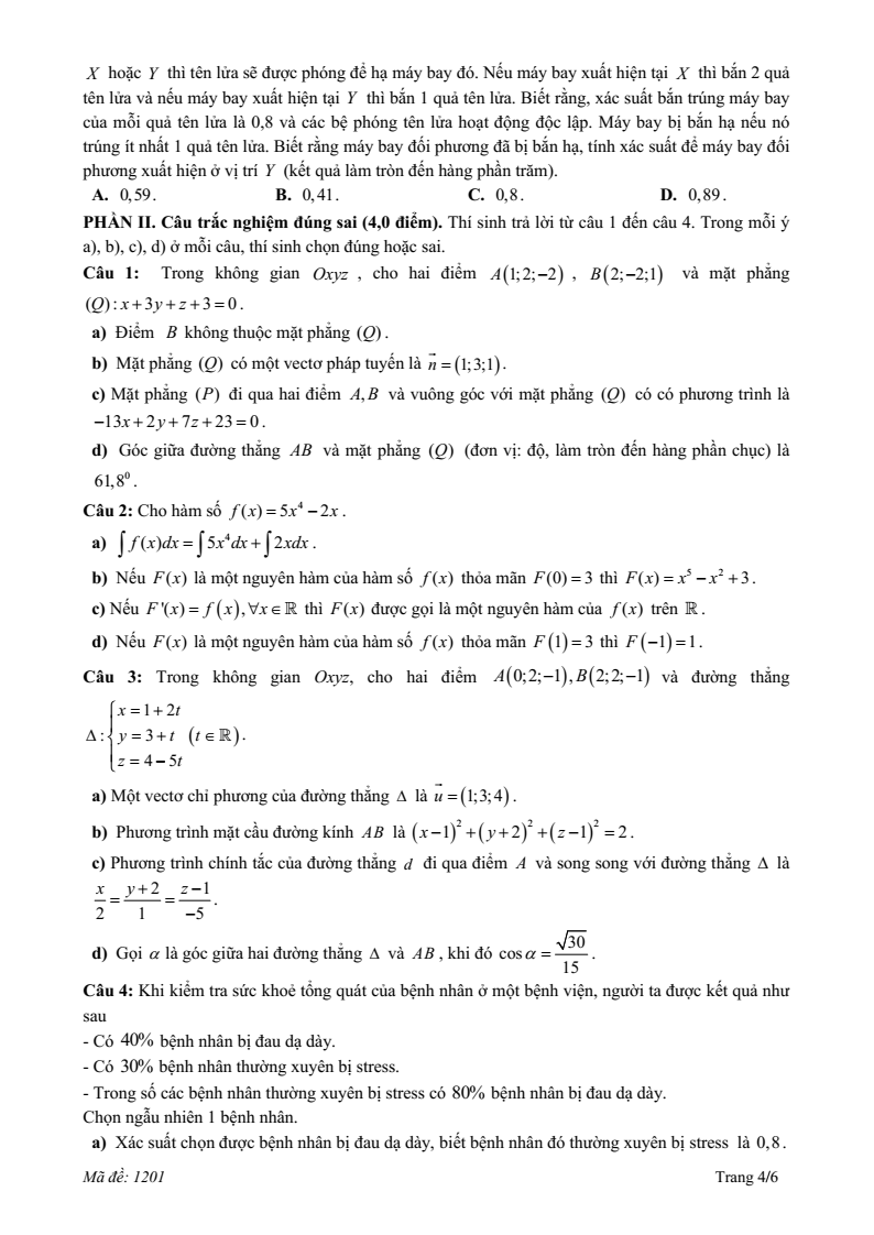 Đề thi Học kì 2 Toán 12 trường THPT Hướng Hóa (Quảng Trị) năm 2024-2025
