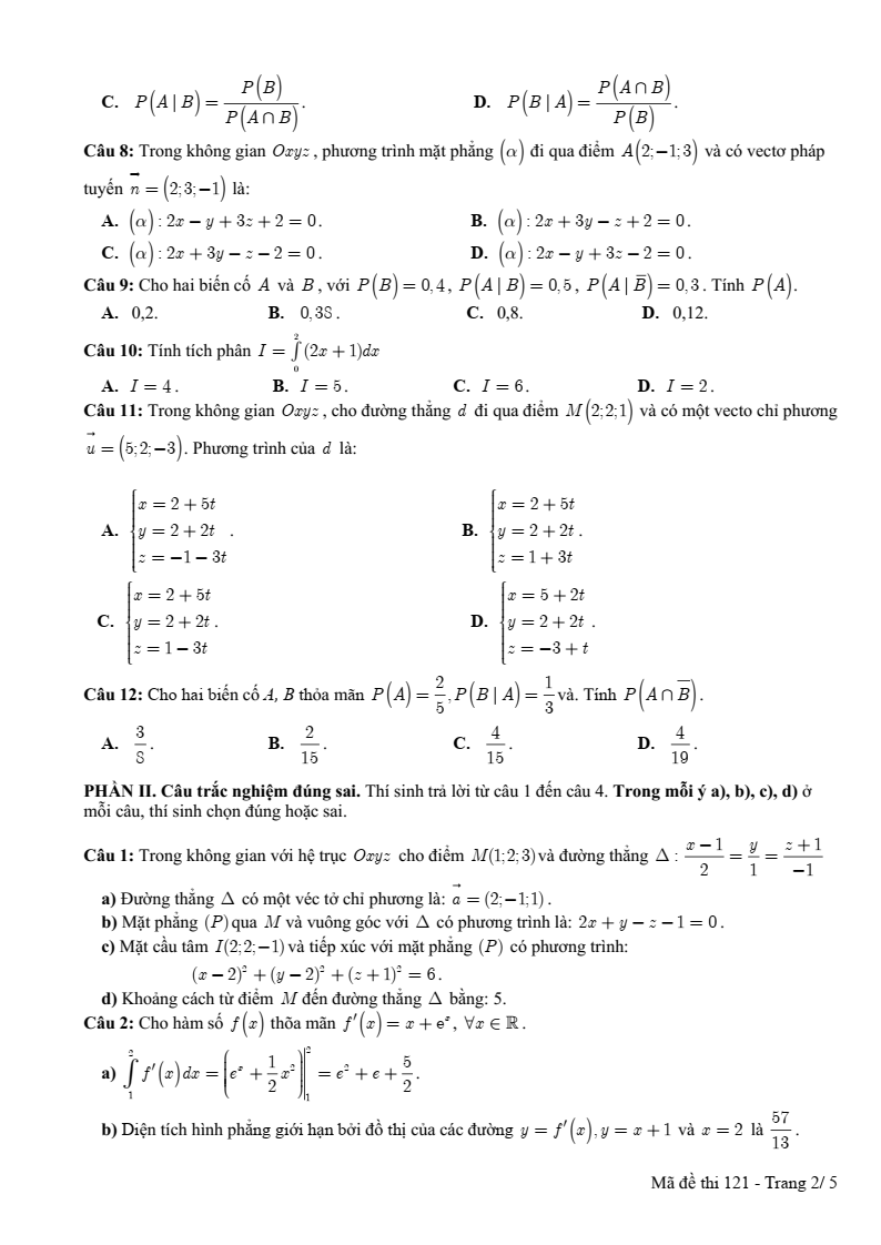 Đề thi Học kì 2 Toán 12 trường THPT Lê Hồng Phong (Đắk Lắk) năm 2024-2025