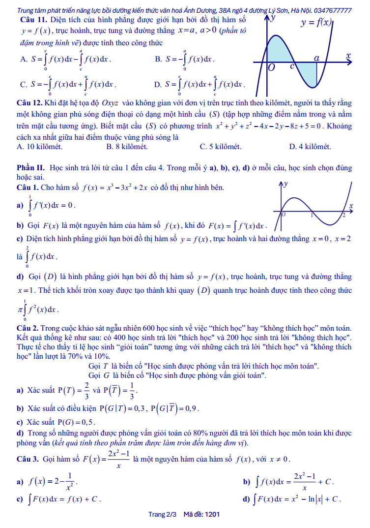 Đề thi Học kì 2 Toán 12 trường THPT Nguyễn Gia Thiều (Hà Nội) năm 2024-2025