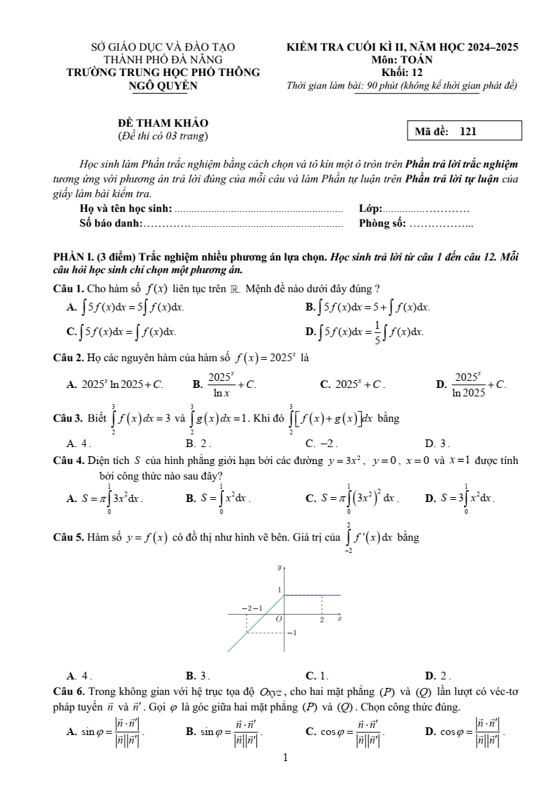 Đề thi Học kì 2 Toán 12 trường THPT Ngô Quyền (Đà Nẵng) năm 2024-2025