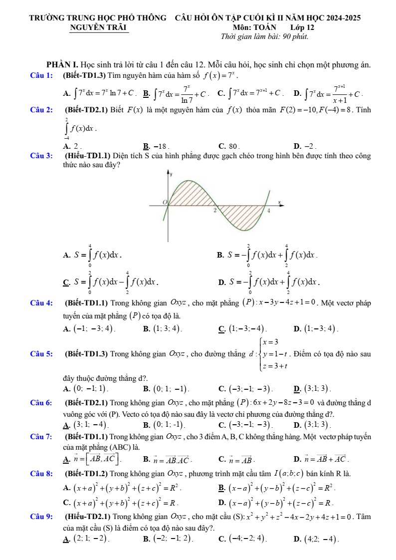 Đề thi Học kì 2 Toán 12 trường THPT Nguyễn Trãi (Đà Nẵng) năm 2024-2025
