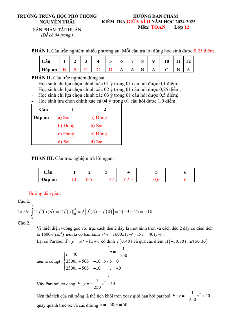 Đề thi Học kì 2 Toán 12 trường THPT Nguyễn Trãi (Đà Nẵng) năm 2024-2025