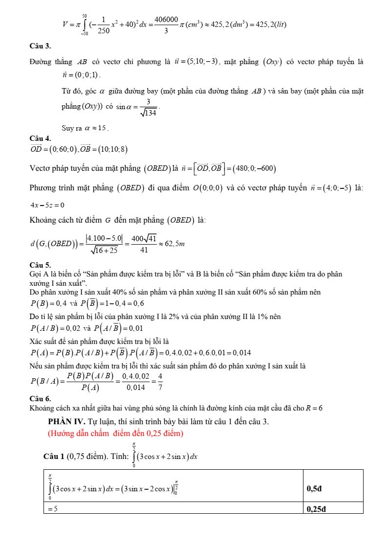 Đề thi Học kì 2 Toán 12 trường THPT Nguyễn Trãi (Đà Nẵng) năm 2024-2025