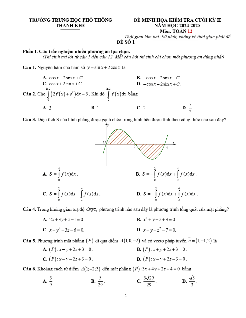 Đề thi Học kì 2 Toán 12 trường THPT Thanh Khê (Đà Nẵng) năm 2024-2025
