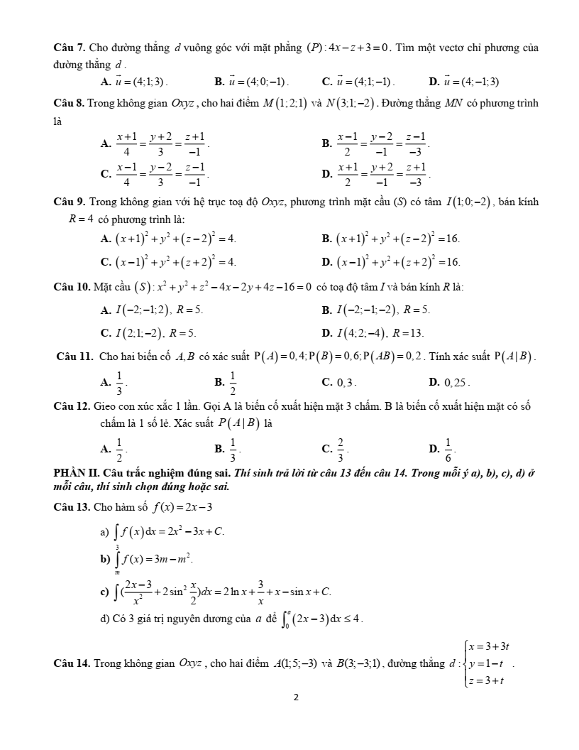 Đề thi Học kì 2 Toán 12 trường THPT Thanh Khê (Đà Nẵng) năm 2024-2025