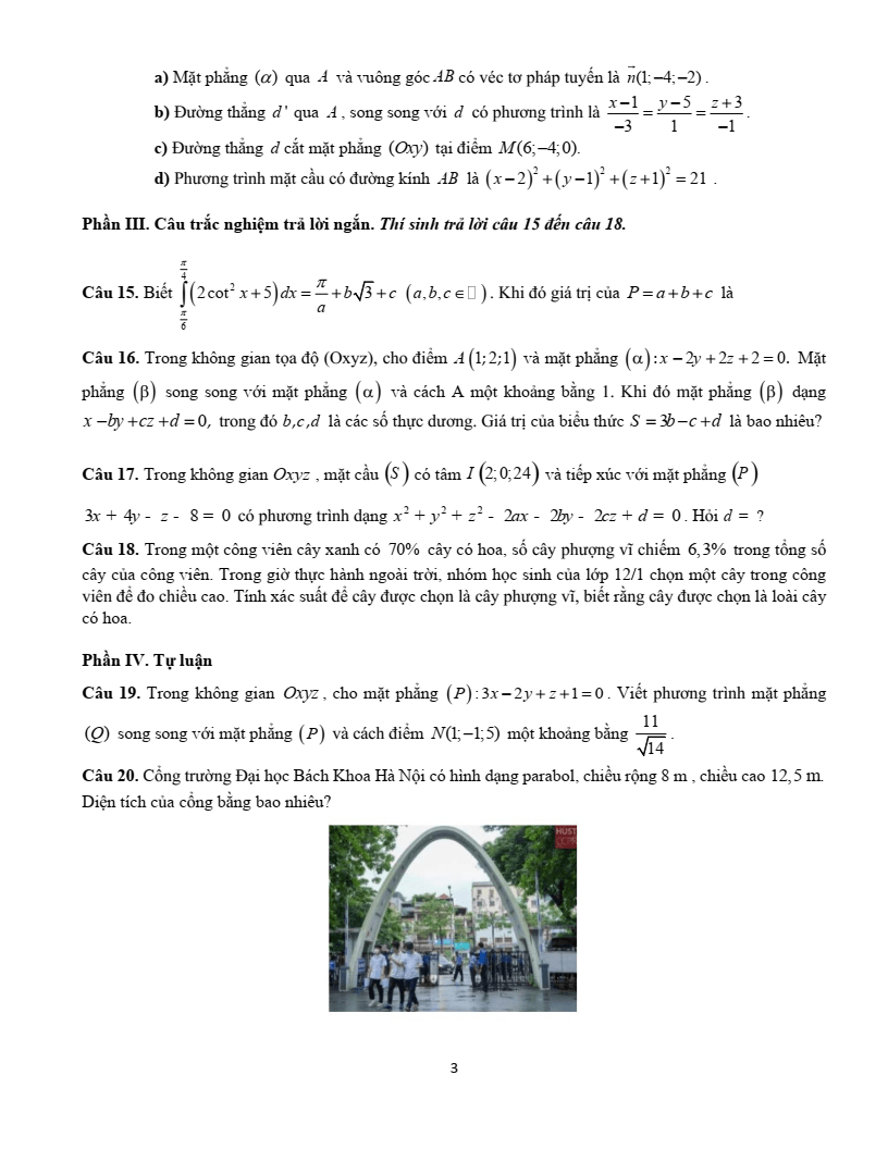 Đề thi Học kì 2 Toán 12 trường THPT Thanh Khê (Đà Nẵng) năm 2024-2025