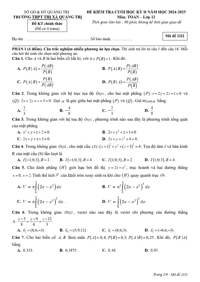 Đề thi Học kì 2 Toán 12 trường THPT Thị xã Quảng Trị năm 2024-2025