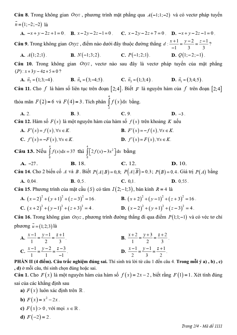 Đề thi Học kì 2 Toán 12 trường THPT Thị xã Quảng Trị năm 2024-2025