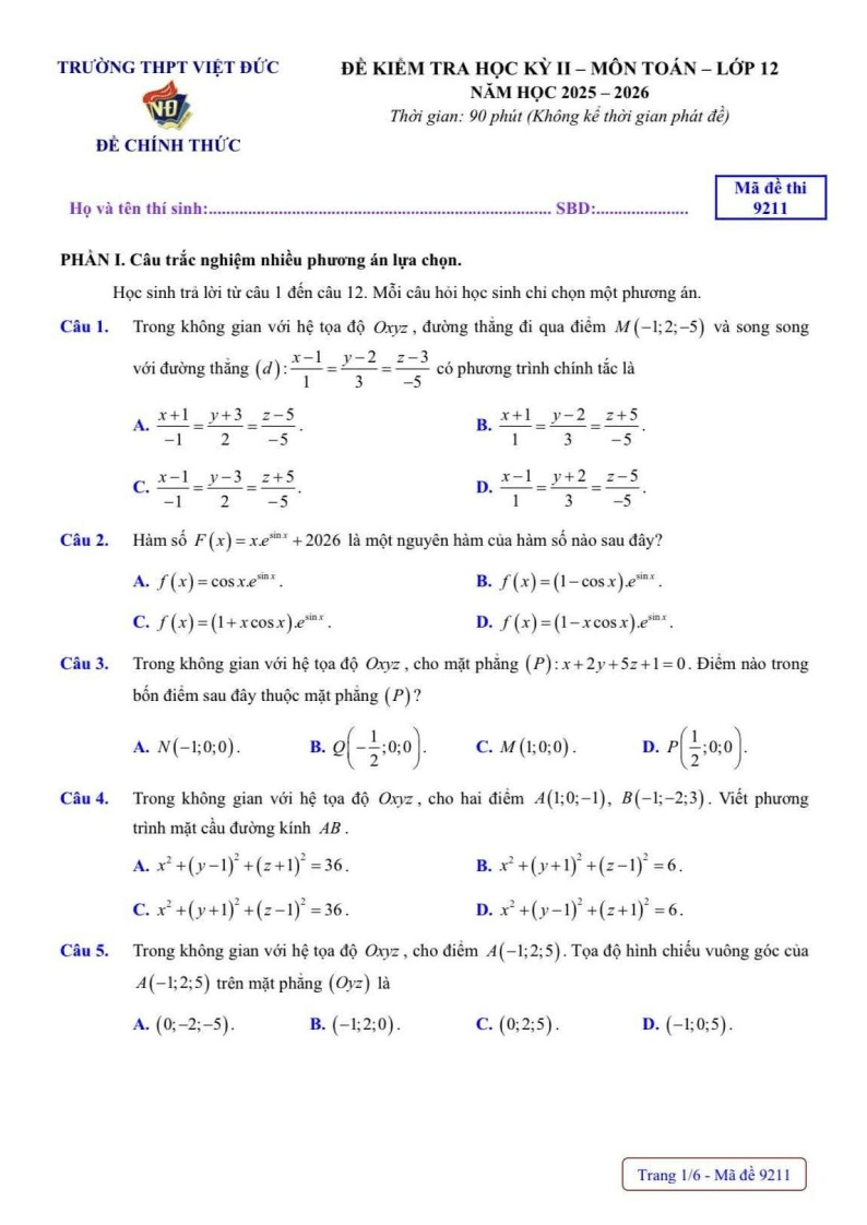 Đề thi Học kì 2 Toán 12 năm 2025-2026 trường THPT Việt Đức (Hà Nội)