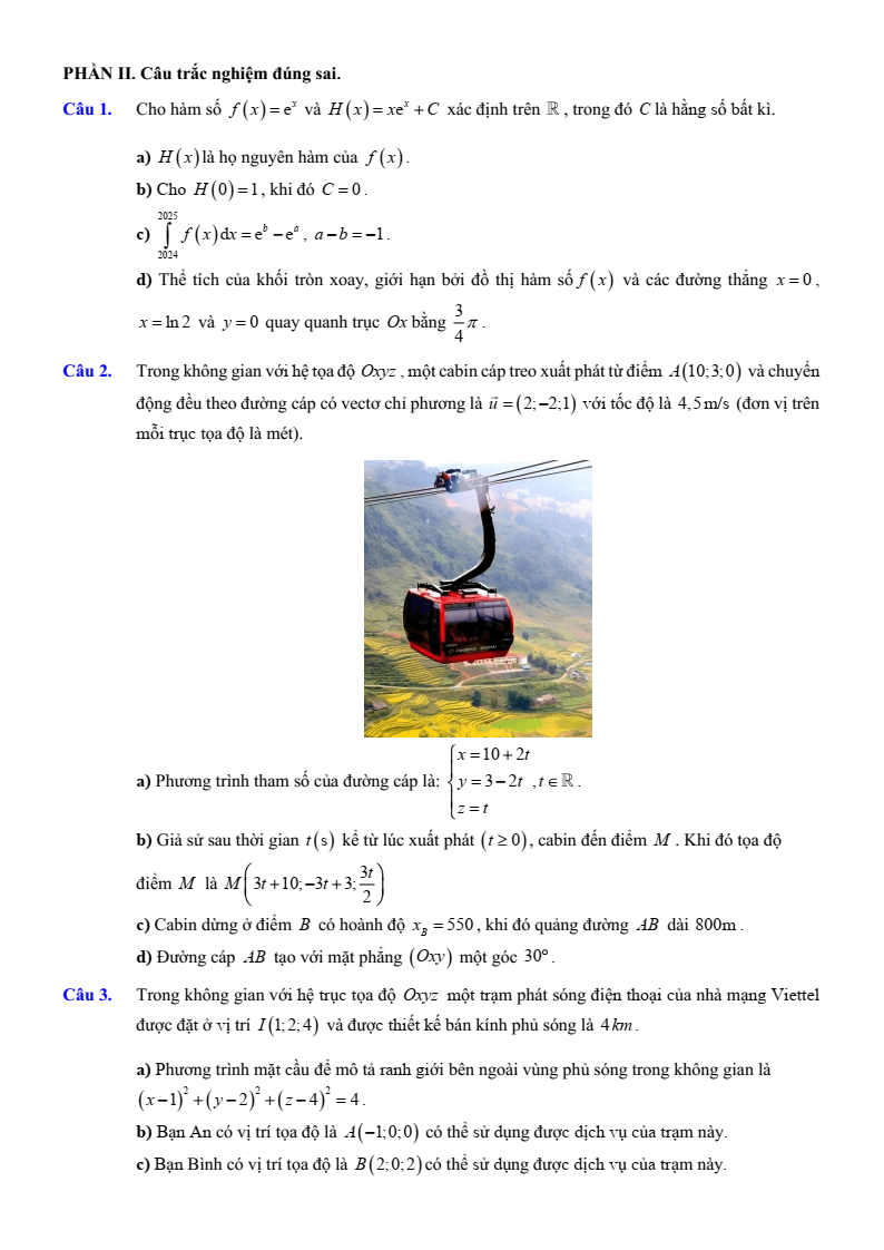 Đề thi Học kì 2 Toán 12 trường THPT Việt Đức (Hà Nội) năm 2024-2025