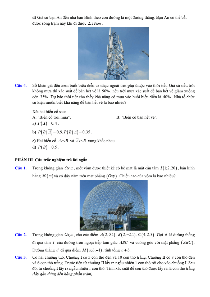 Đề thi Học kì 2 Toán 12 trường THPT Việt Đức (Hà Nội) năm 2024-2025