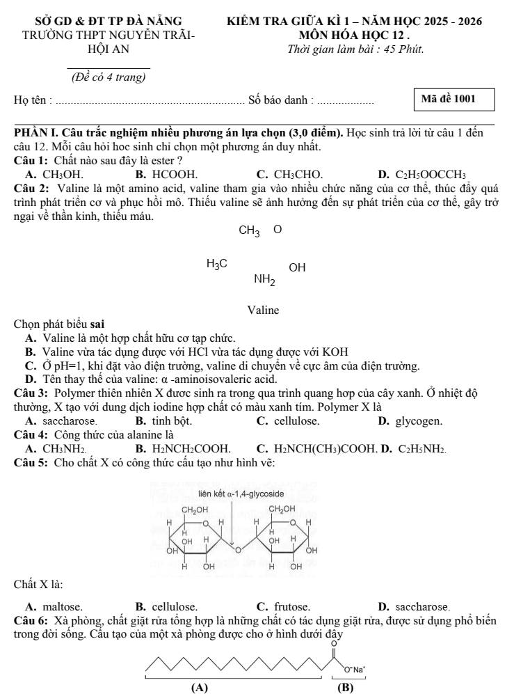 Đề thi Giữa kì 1 Hóa học 12 năm 2025-2026 trường THPT Nguyễn Trãi (Hội An, Đà Nẵng)
