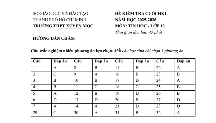 Đề thi Giữa kì 2 Tin học 12 năm 2025-2026 trường THPT Xuyên Mộc (TP HCM)