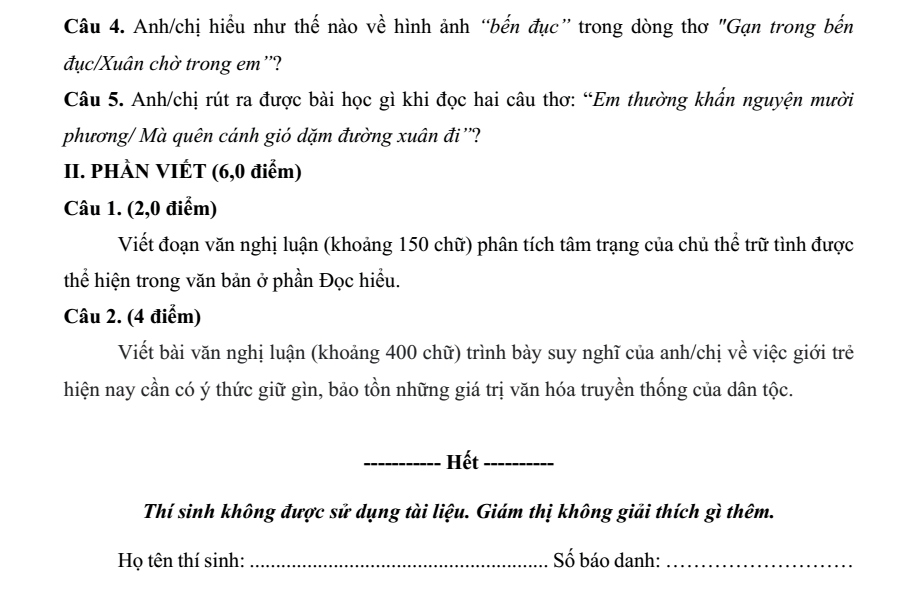 Đề thi Giữa kì 2 Văn 12 năm 2024-2025 trường THPT Bố Hạ (Bắc Giang)