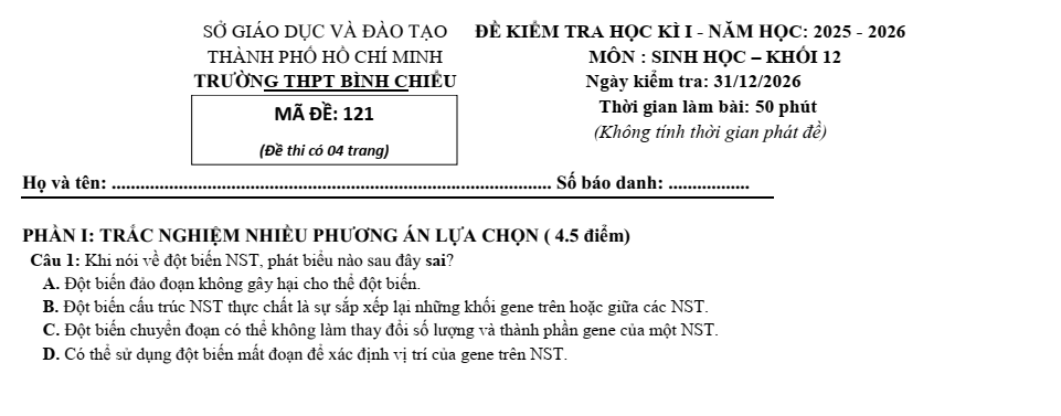 Đề thi Học kì 1 Sinh học 12 năm 2025-2026 trường THPT Bình Chiểu (Tp. HCM)
