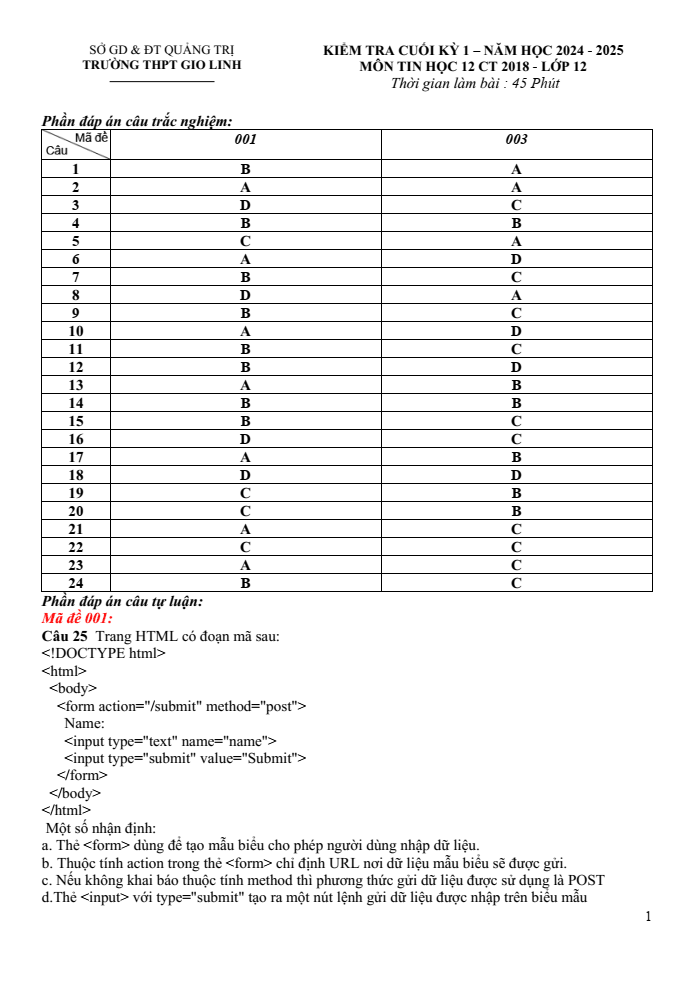 Đề thi Học kì 1 Tin học 12 năm 2024-2025 trường THPT Gio Linh (Quảng Trị)